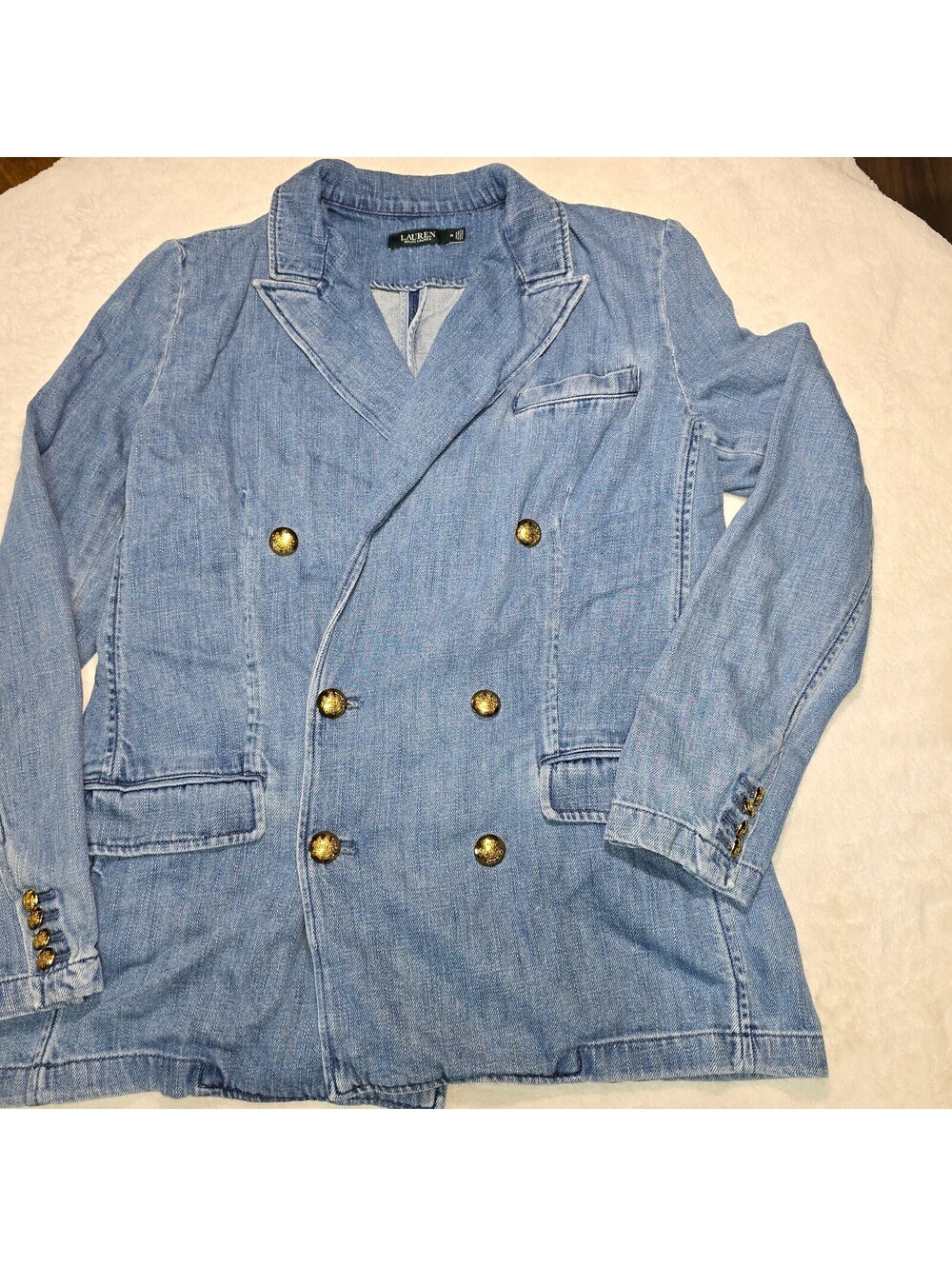 Lauren Ralph Lauren Denim Blazer 14 Double Breasted Gold Crest Button Jacket